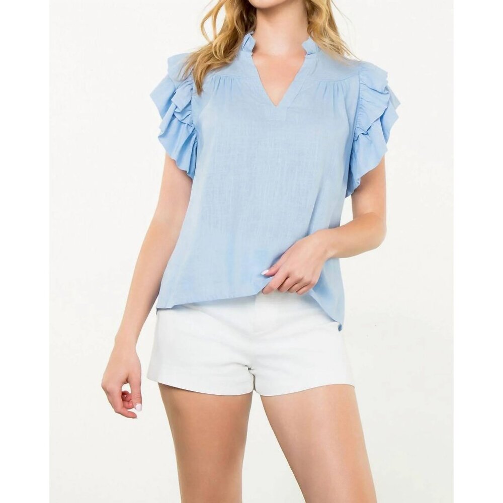 THML Light Blue Linen Ruffle Sleeve Top - SMALL